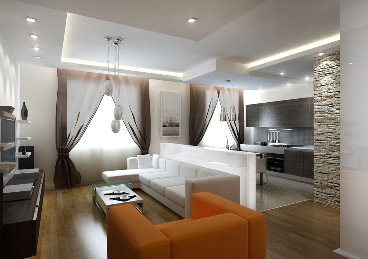 Дизайн гостиной и кухни совмнной 40 кв м - фото