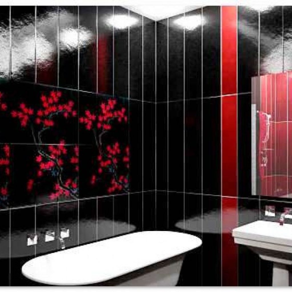 Ванна пвх панели отзывы. Ванная комната панелями. Красно черная ванная комната. Декоративные панели для ванной. Пластиковые панели для ванной черные.