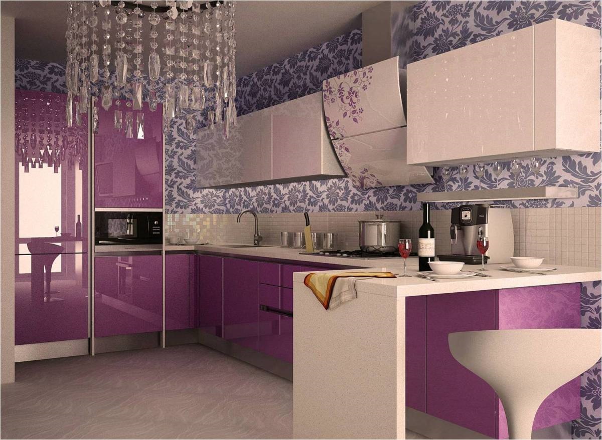 бело-фиолетовый гарнитур на кухне