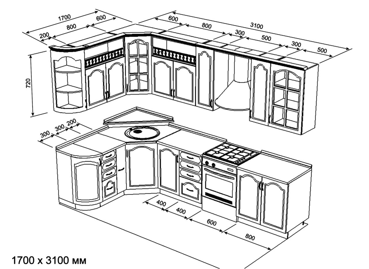 Кухонный мебель угловой чертеж