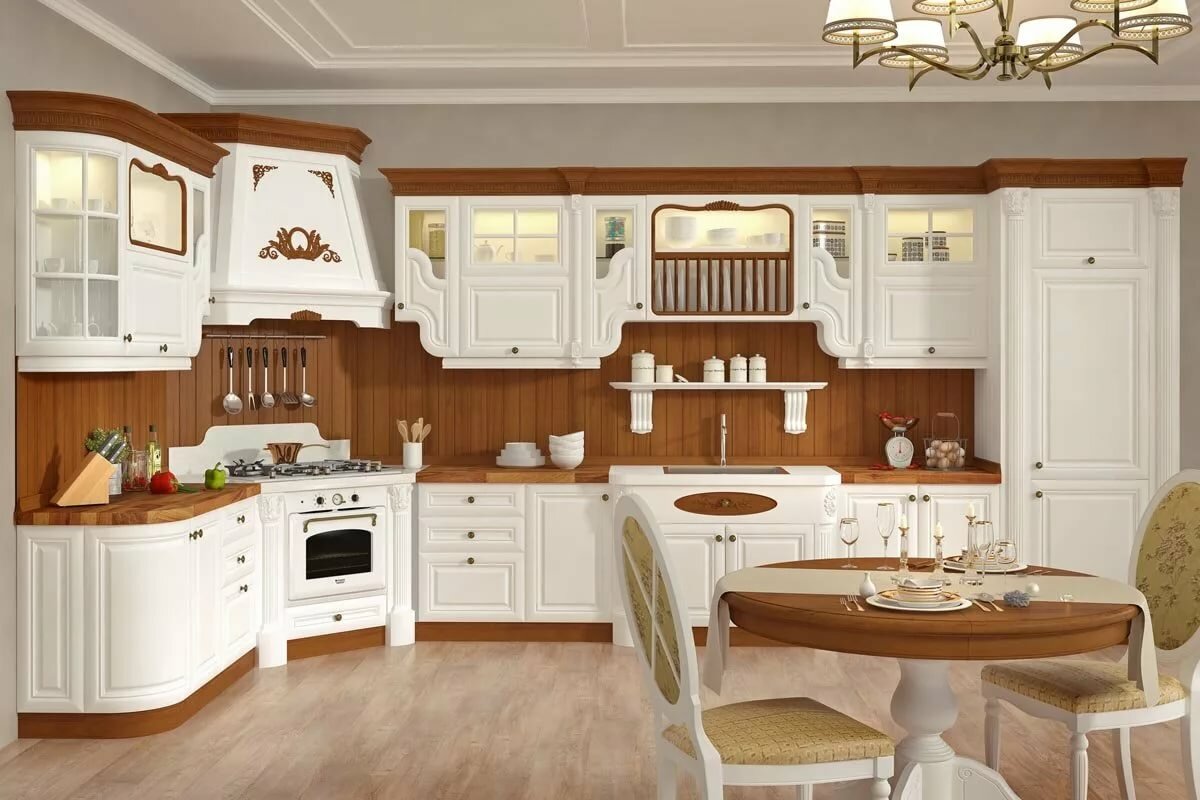 Угловая кухня белая с деревом в классическом стиле