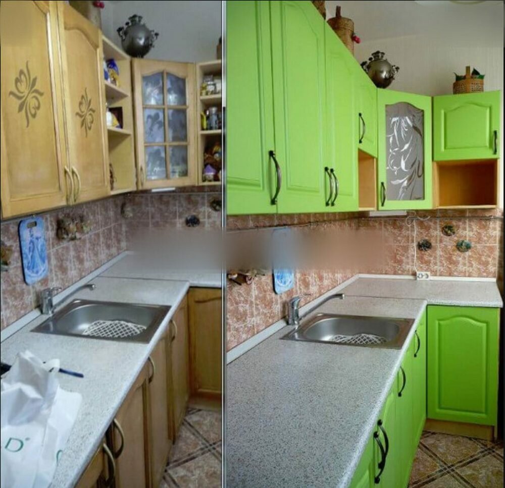 Обтянуть кухню. Перекраска кухонного гарнитура. Старый кухонный гарнитур. Отреставрировать кухонный гарнитур. Перекрашенный кухонный гарнитур.